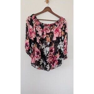 White House Black Market Top Small Sheer Boho Floral Burnout Flowy Off Shoulder